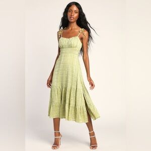 Lulus Sparkling Scene Green Metallic Striped Tie-Strap Midi Dress - Size S